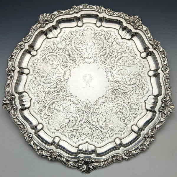 1898年 英国アンティーク 純銀(925シルバー) 脚なしサルヴァ 直径30cm 670g Henry Bourne